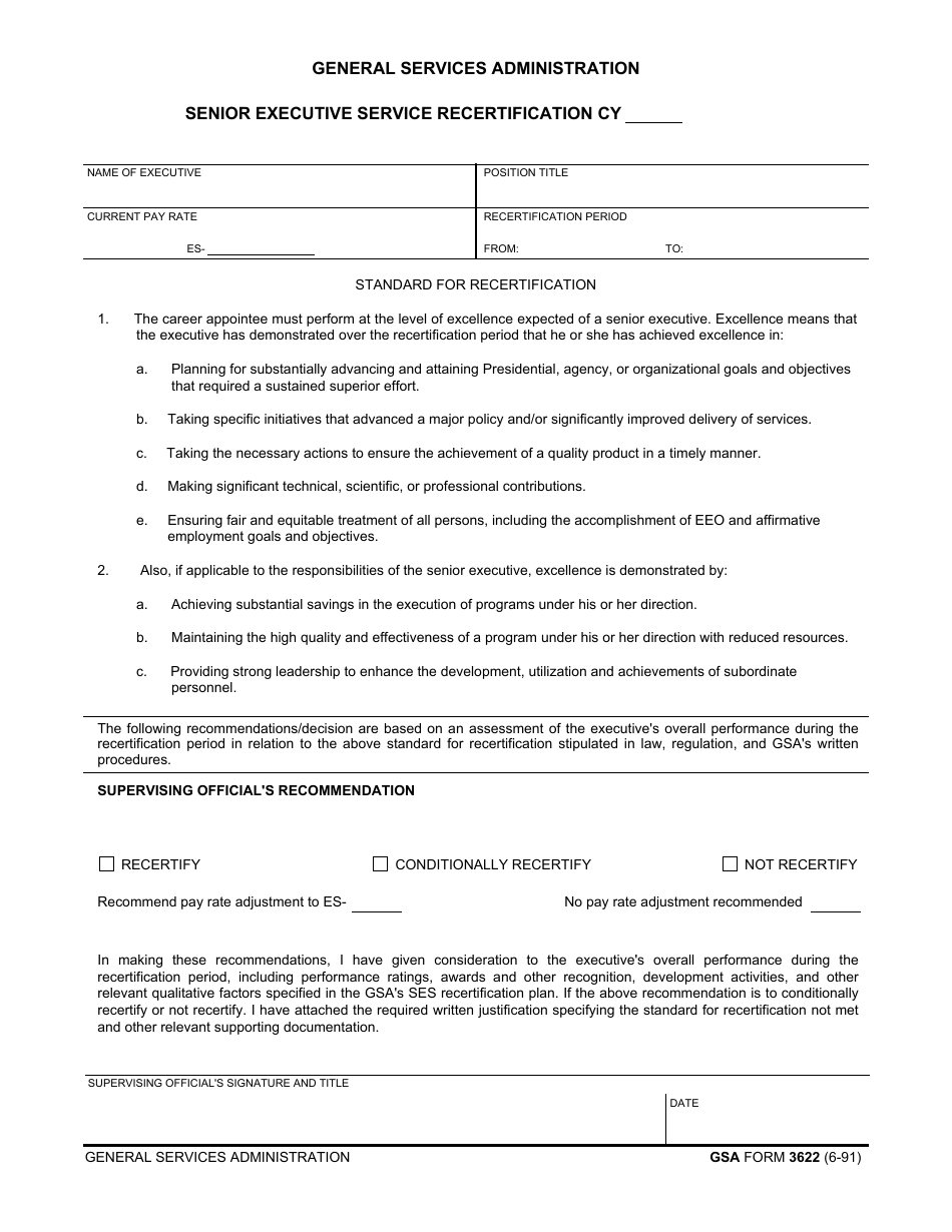 GSA Form 3622 Senior Executive Service Recertification, Page 1