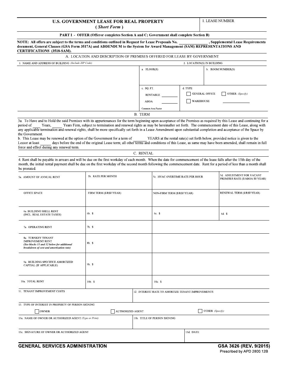 GSA Form 3626 U.S. Government Lease for Real Property (Short Form), Page 1
