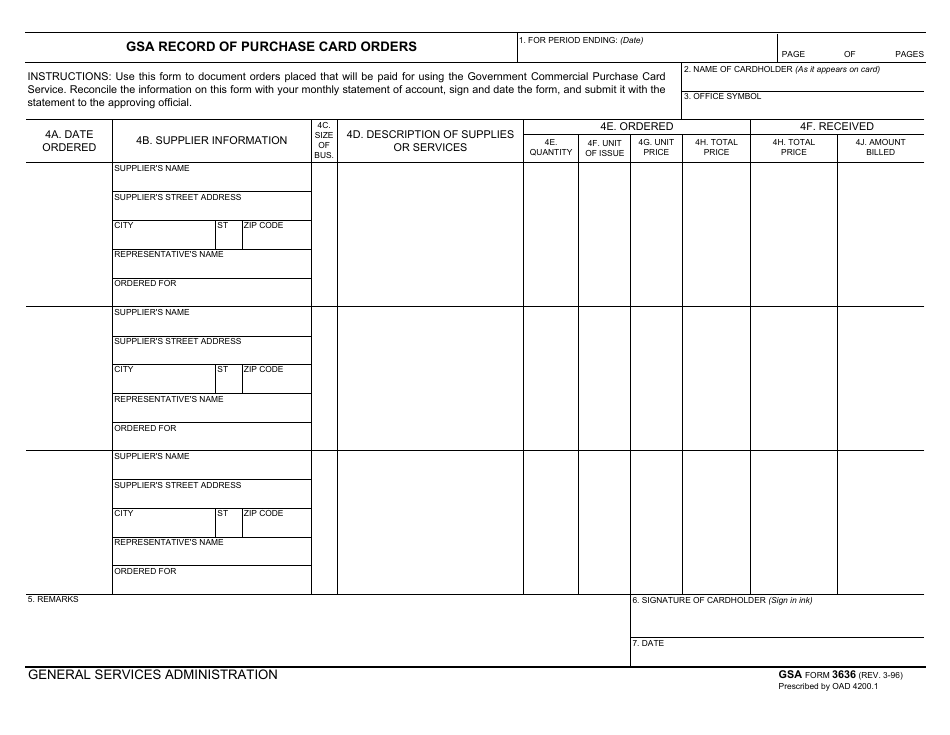 GSA Form 3636 GSA Record of Purchase Card Orders, Page 1