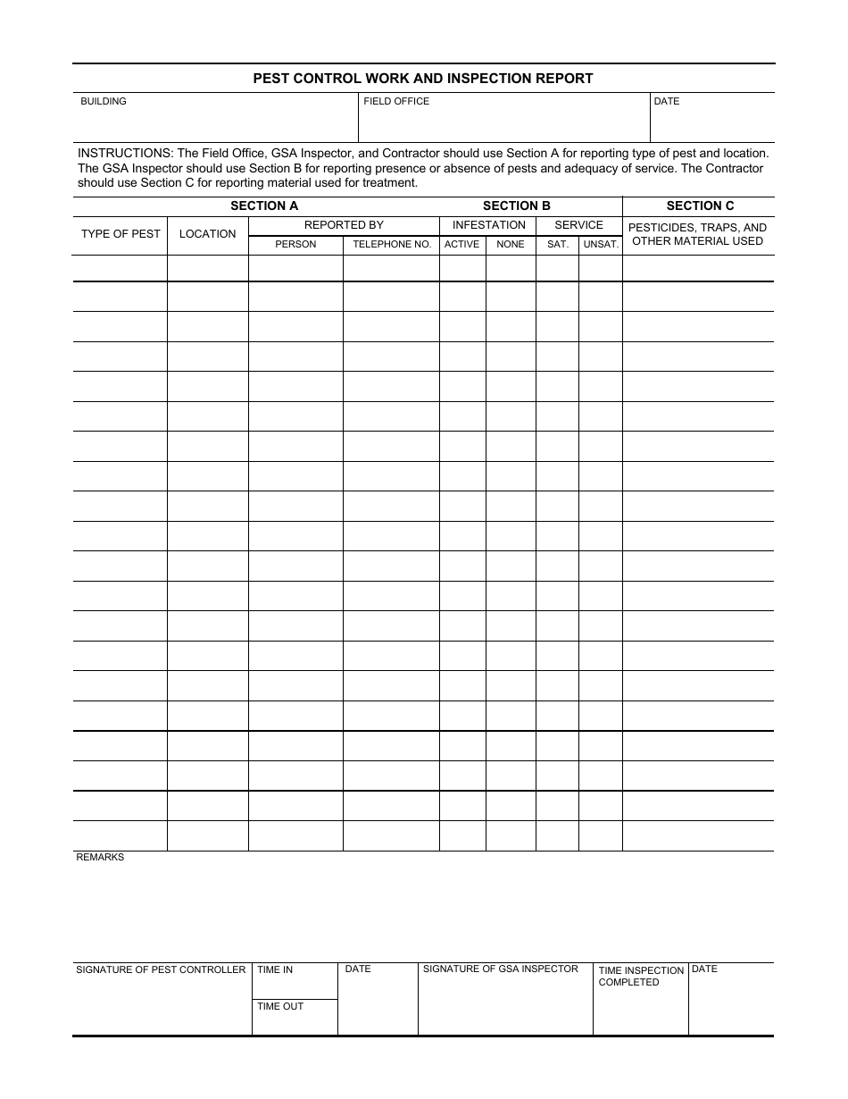 GSA Form 11 Download Fillable PDF or Fill Online Pest Control Throughout Pest Control Inspection Report Template