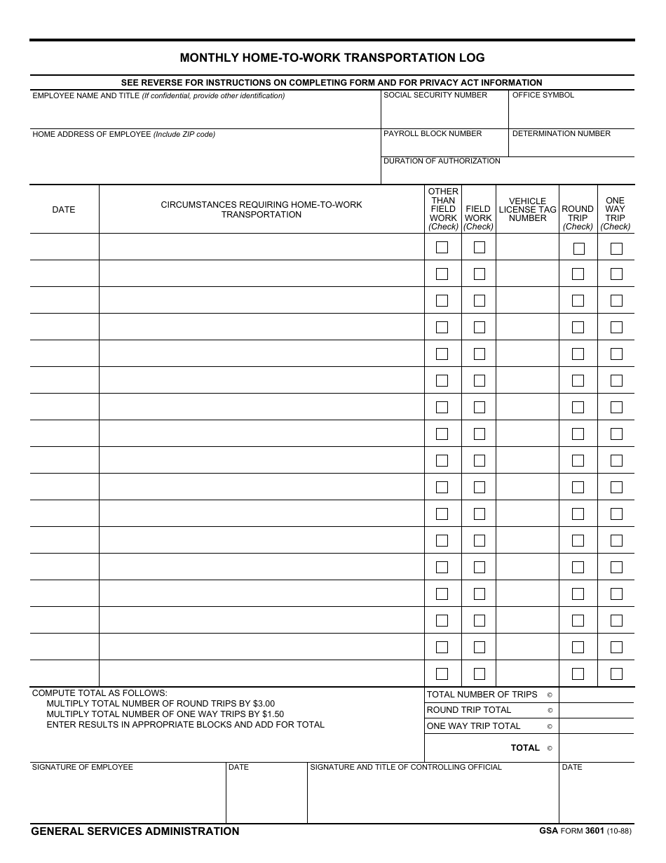 GSA Form 3601 Monthly Home-To-Work Transportation Log, Page 1
