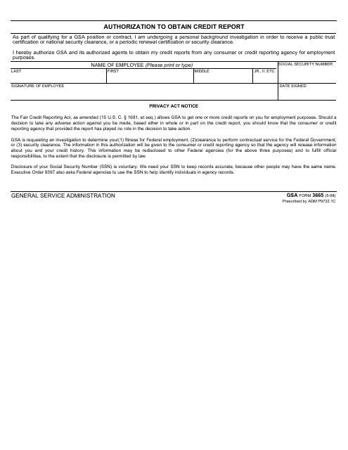 GSA Form 3665 Authorization to Obtain Credit Report