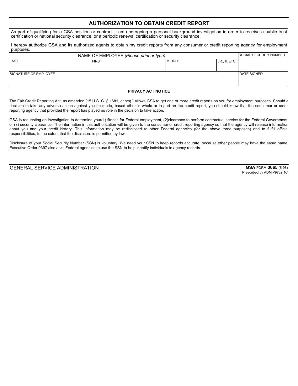 GSA Form 3665 Authorization to Obtain Credit Report, Page 1