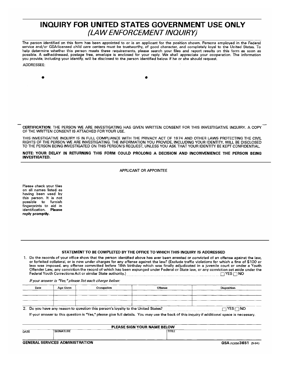 GSA Form 3651 Inquiry for United States Government Use Only (Law Enforcement Inquiry), Page 1