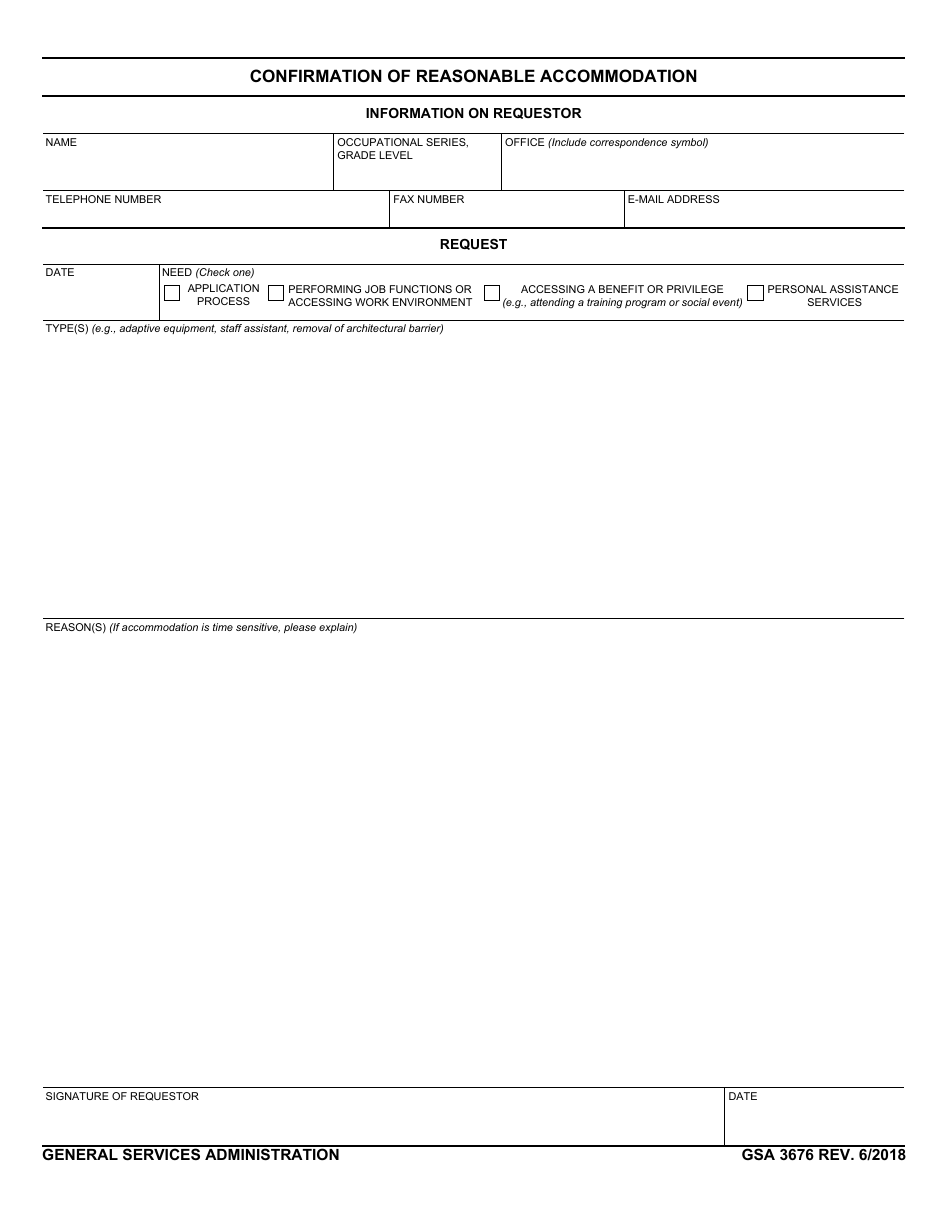 GSA Form 3676 Confirmation of Reasonable Accommodation, Page 1