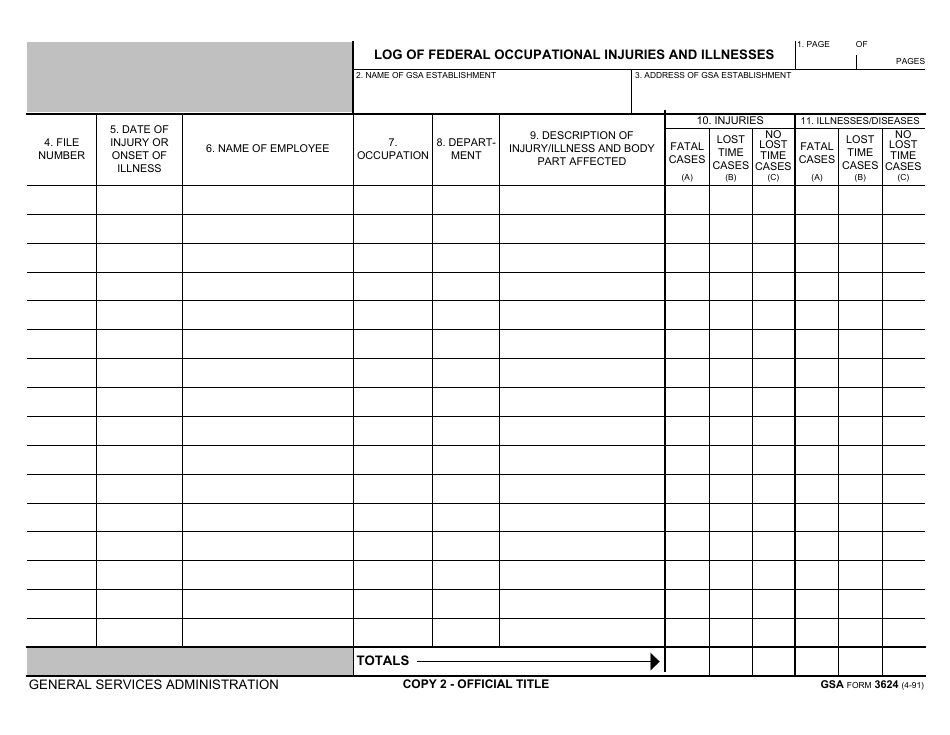 GSA Form 3624 Log of Federal Occupational Injuries and Illnesses, Page 2
