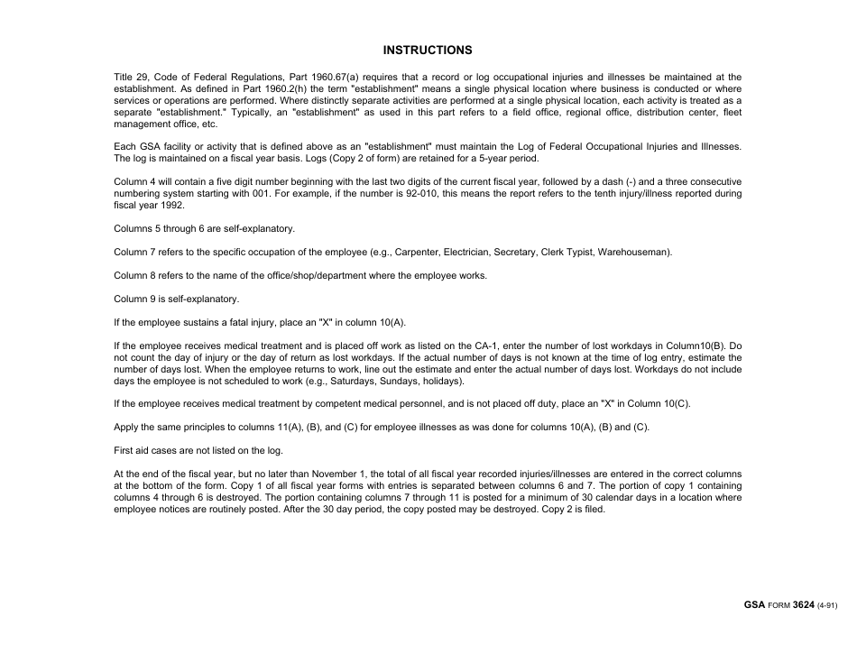 GSA Form 3624 Log of Federal Occupational Injuries and Illnesses, Page 3