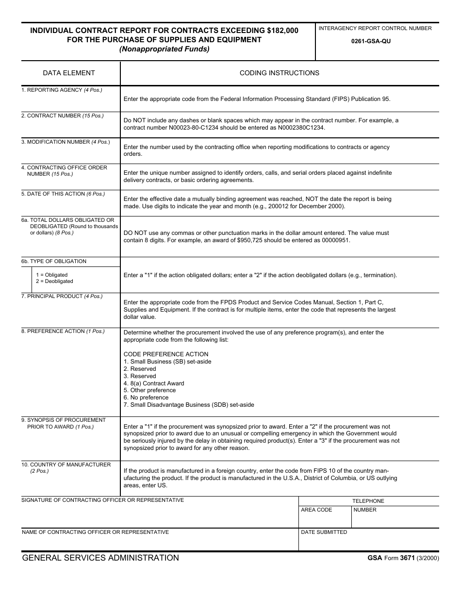 GSA Form 3671 Individual Contract Report for Contracts Exceeding $182,000 for the Purchase of Supplies and Equipment (Nonappropriated Funds), Page 1