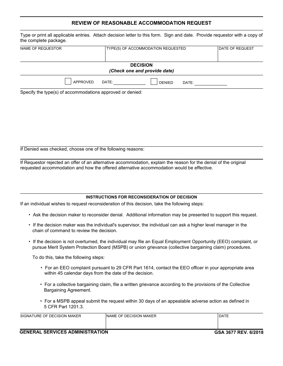 GSA Form 3677 Review of Reasonable Accommodation Request, Page 1