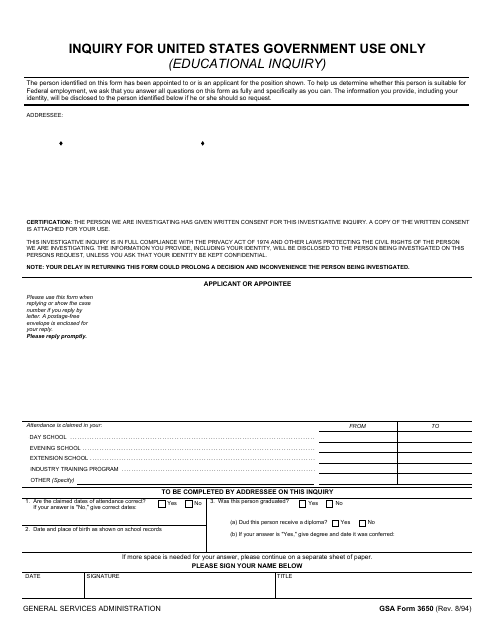 GSA Form 3650 Inquiry for United States Government Use Only (Educational Inquiry)