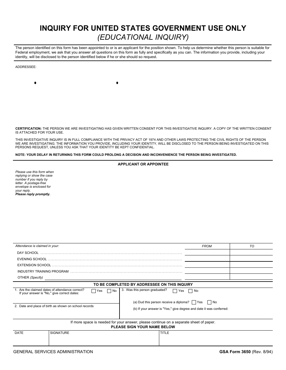 GSA Form 3650 Inquiry for United States Government Use Only (Educational Inquiry), Page 1