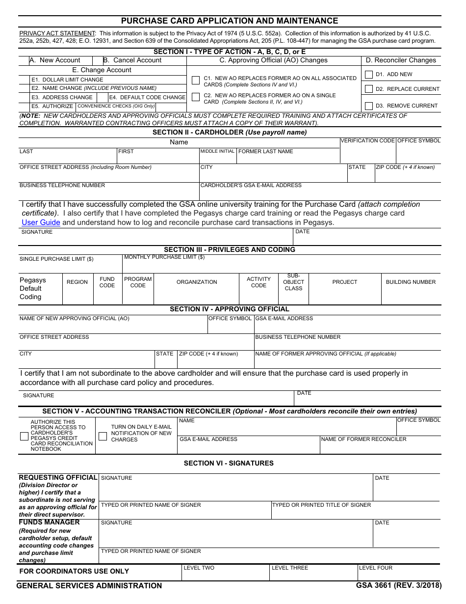 GSA Form 3661 Purchase Card Application and Maintenance, Page 1