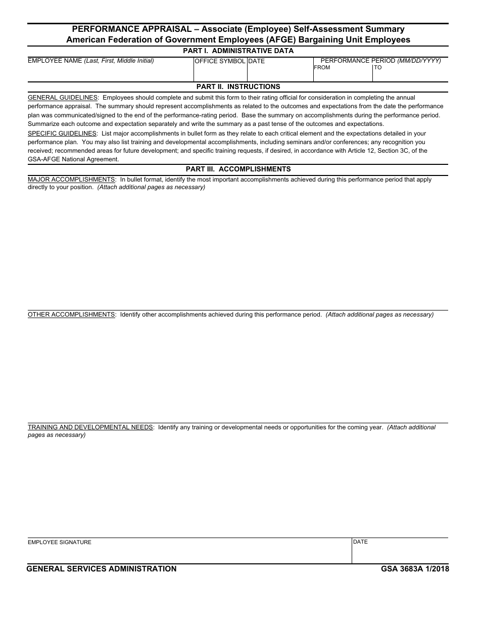 GSA Form 3683A Performance Appraisal - Associate (Employee) Self-assessment Summary American Federation of Government Employees (Afge) Bargaining Unit Employees, Page 1