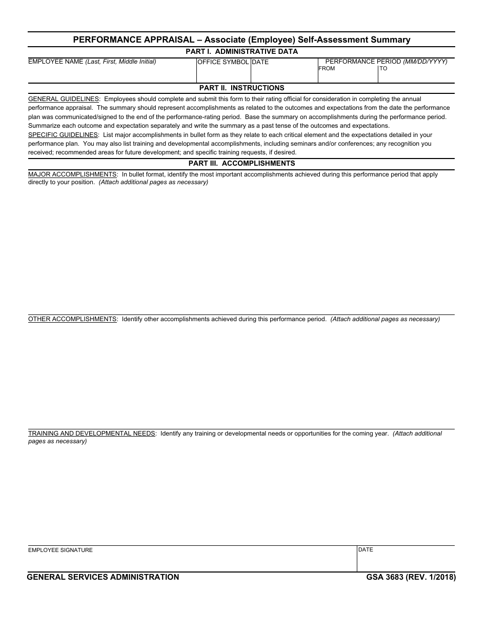 GSA Form 3683 Performance Appraisal - Associate (Employee) Self-assessment Summary, Page 1