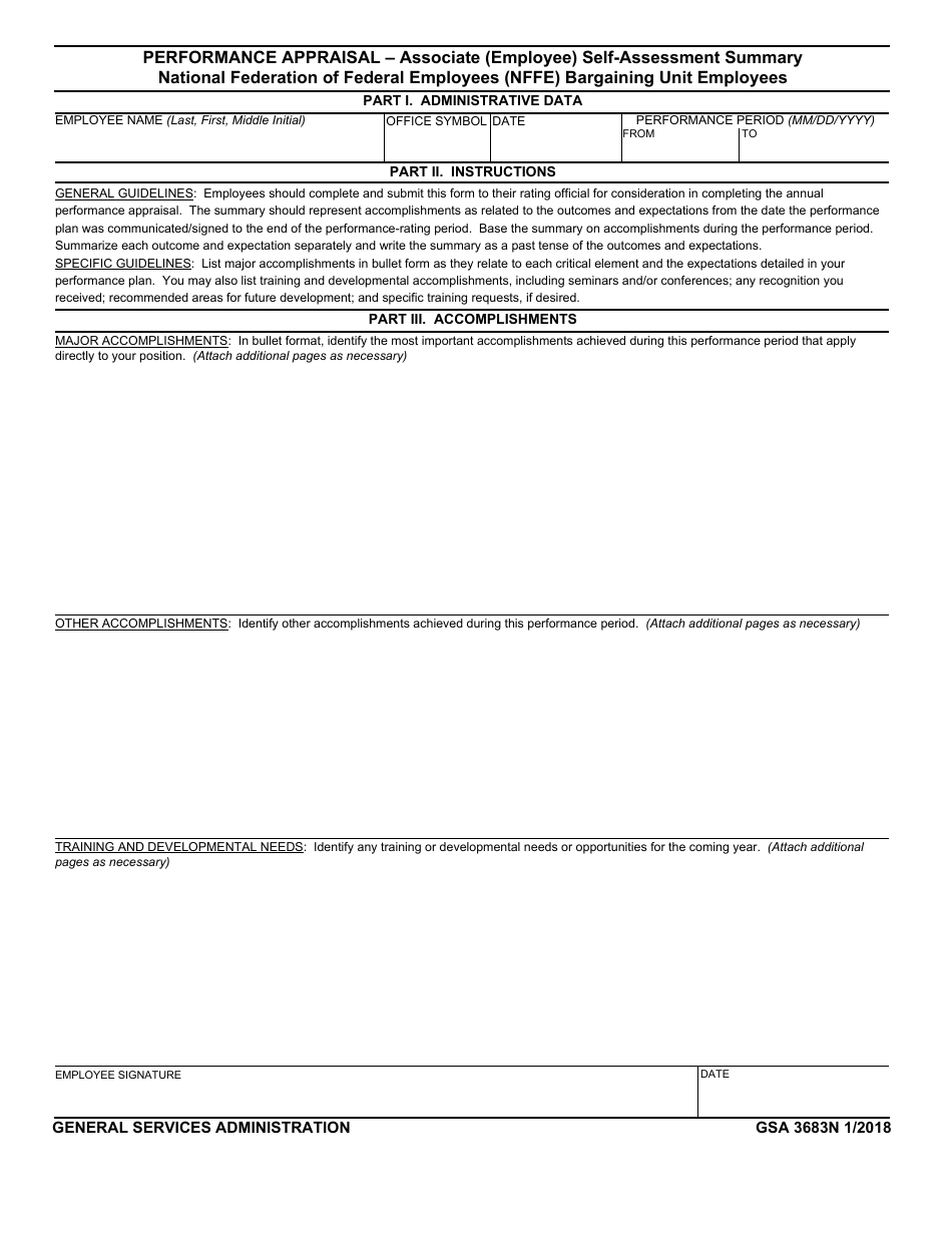 GSA Form 3683N Performance Appraisal - Associate (Employee) Self-assessment Summary - National Federation of Federal Employees (Nffe) Bargaining Unit Employees, Page 1
