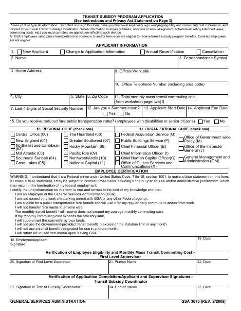 GSA Form 3675 Transit Subsidy Program Application