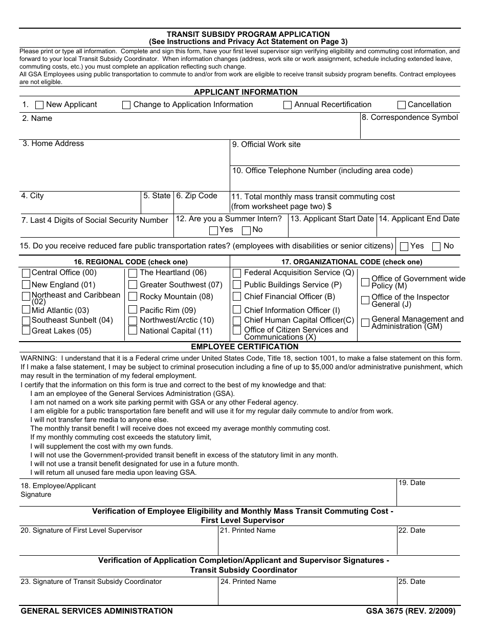 GSA Form 3675 Transit Subsidy Program Application, Page 1