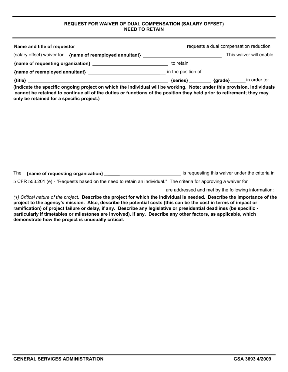 GSA Form 3693 Request for Waiver of Dual Compensation (Salary Offset) Need to Retain, Page 1