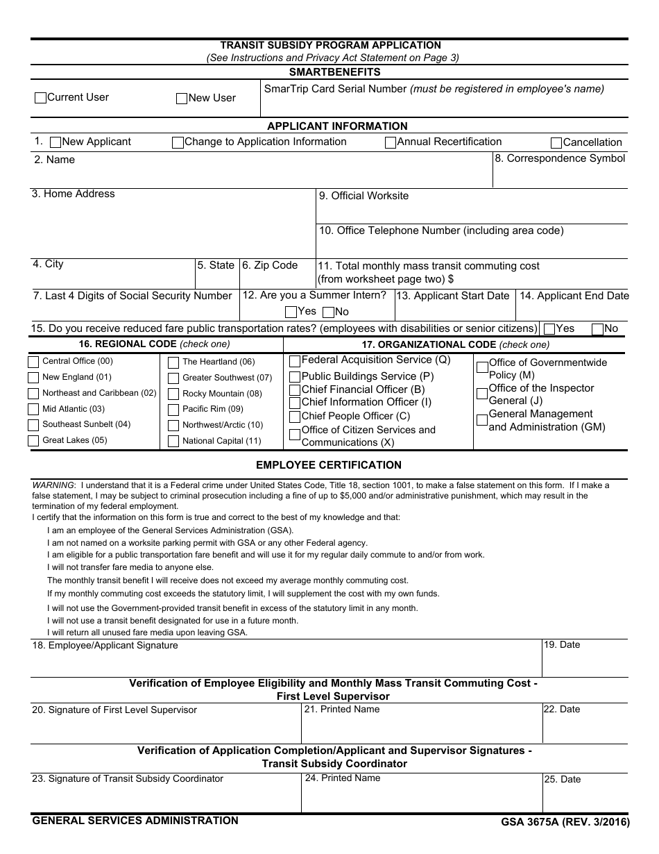 GSA Form 3675A Transit Subsidy Program Application (Smartbenefits), Page 1
