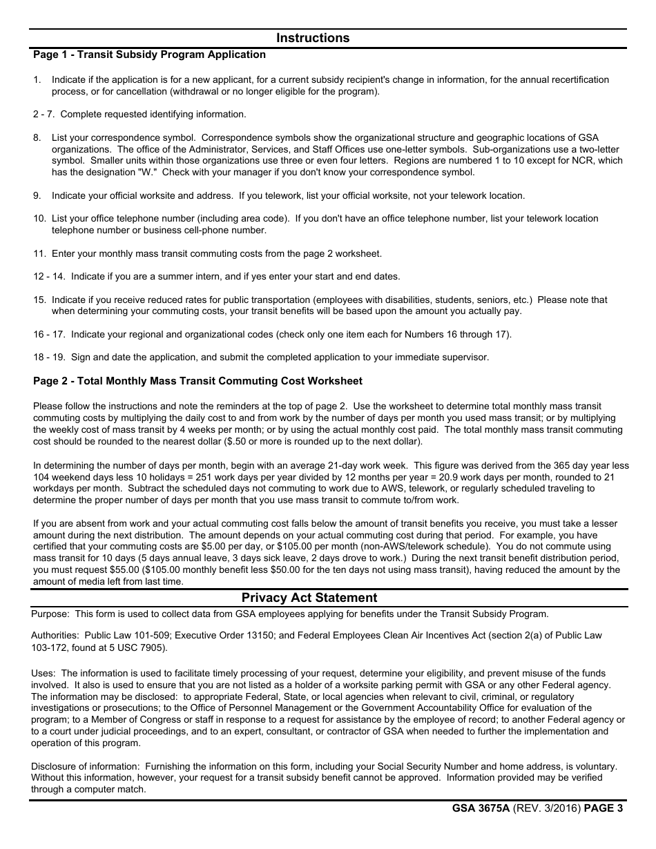 GSA Form 3675A Transit Subsidy Program Application (Smartbenefits), Page 3