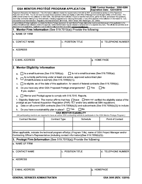 GSA Form 3695 GSA Mentor-Protege Program Application