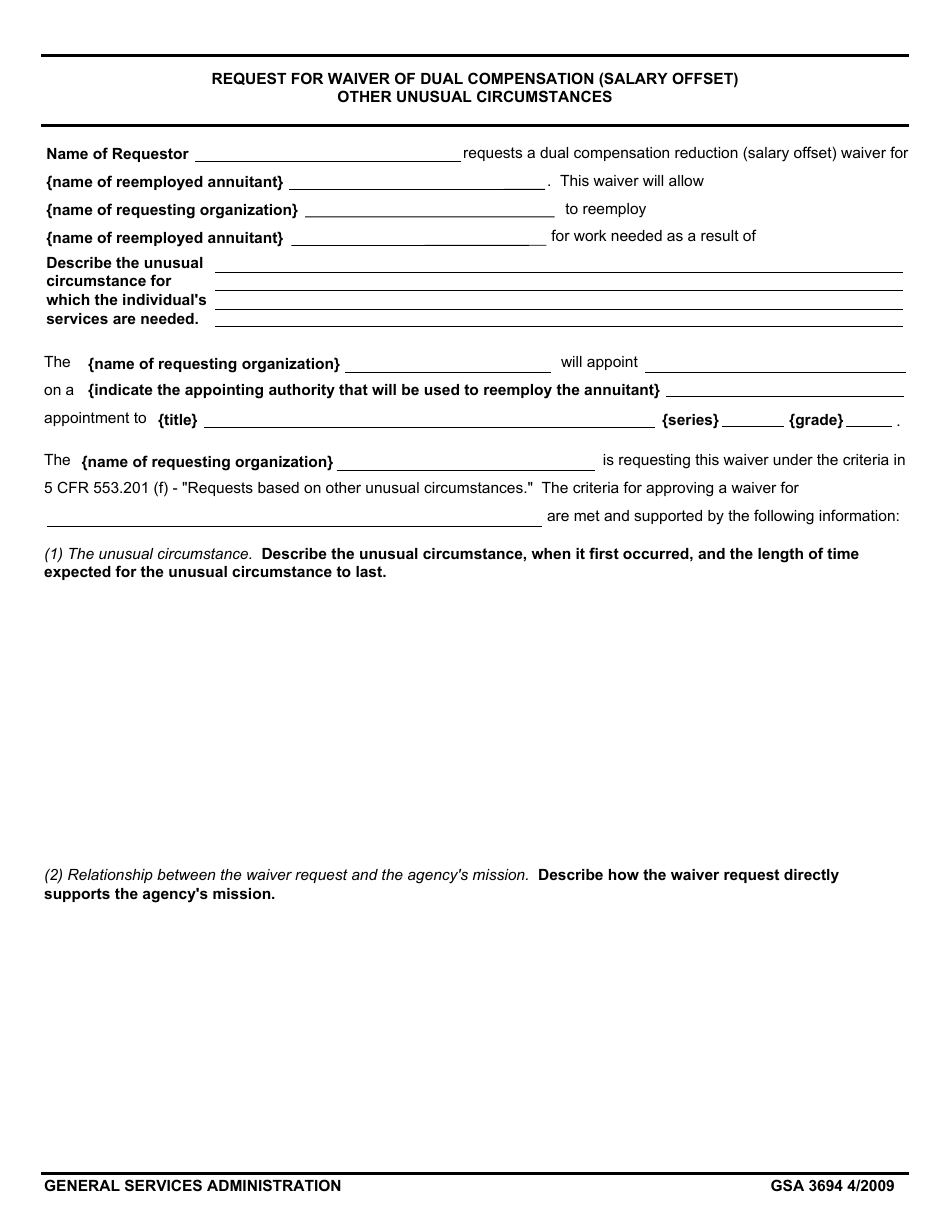 GSA Form 3694 Request for Waiver of Dual Compensation (Salary Offset) Other Unusual Circumstances, Page 1