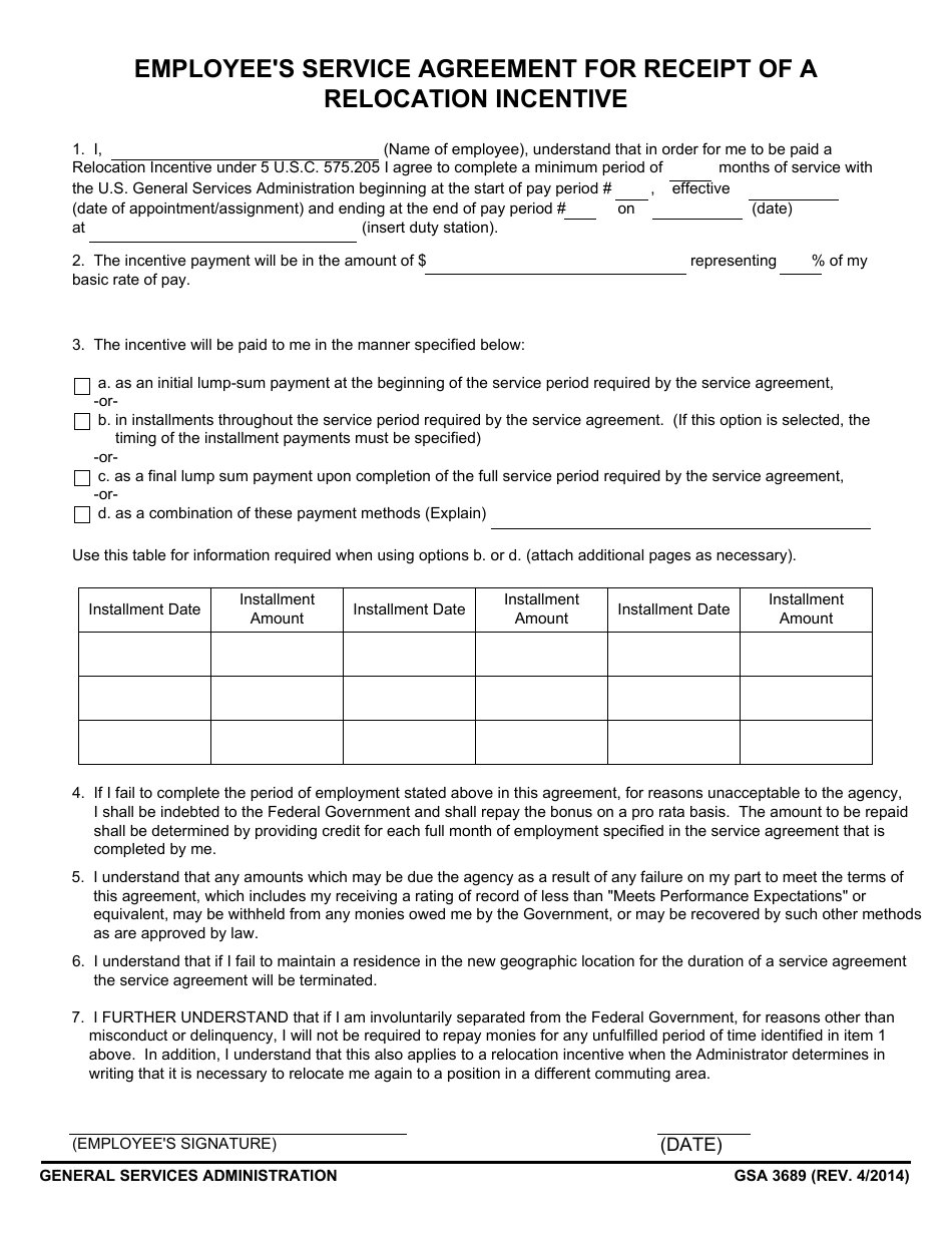 GSA Form 3689 Employees Service Agreement for Receipt of a Relocation Incentive, Page 1