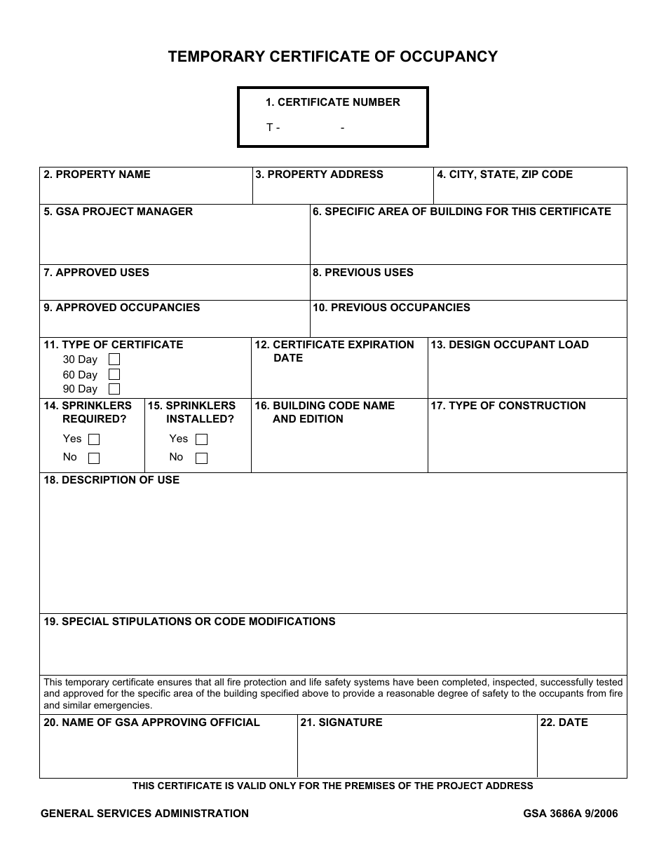GSA Form 3686A Temporary Certificate of Occupancy, Page 1
