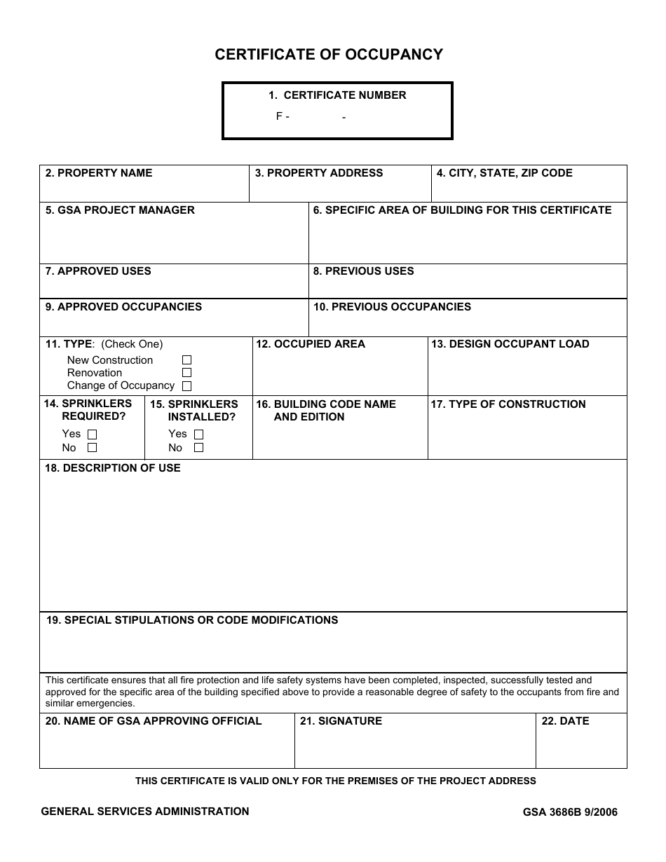 GSA Form 3686B Certificate of Occupancy, Page 1