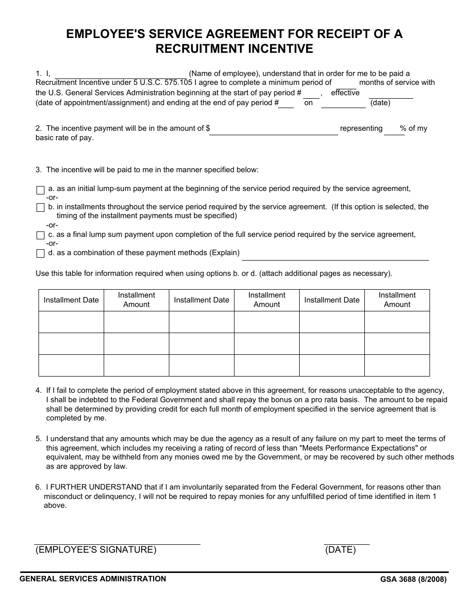 GSA Form 3688 Employees Service Agreement for Receipt of a Recruitment Incentive, Page 1