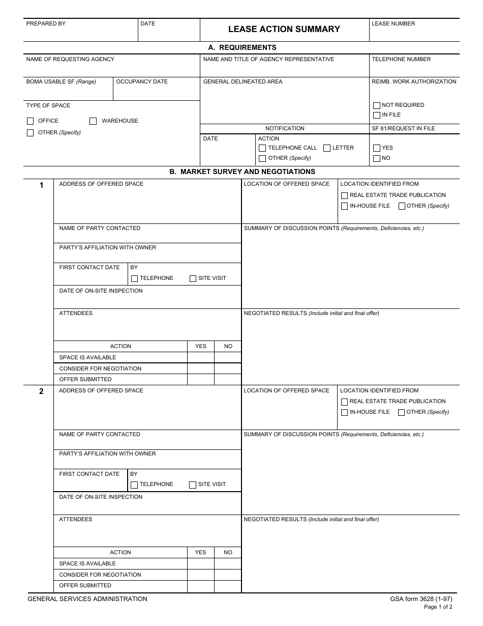 GSA Form 3628 Lease Action Summary, Page 1