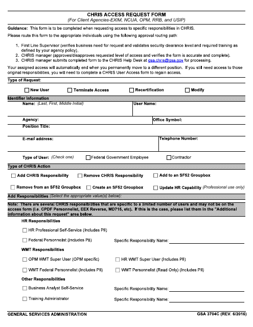 GSA Form 3704C Chris Access Request Form (For Client Agencies-Exim, Ncua, OPM, Rrb, and Usip)