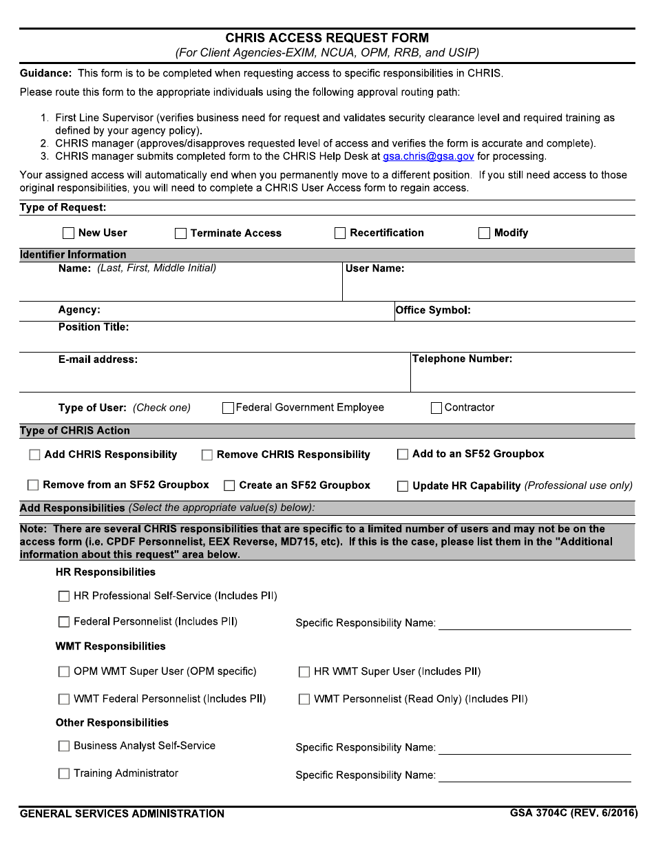 GSA Form 3704C Chris Access Request Form (For Client Agencies-Exim, Ncua, OPM, Rrb, and Usip), Page 1
