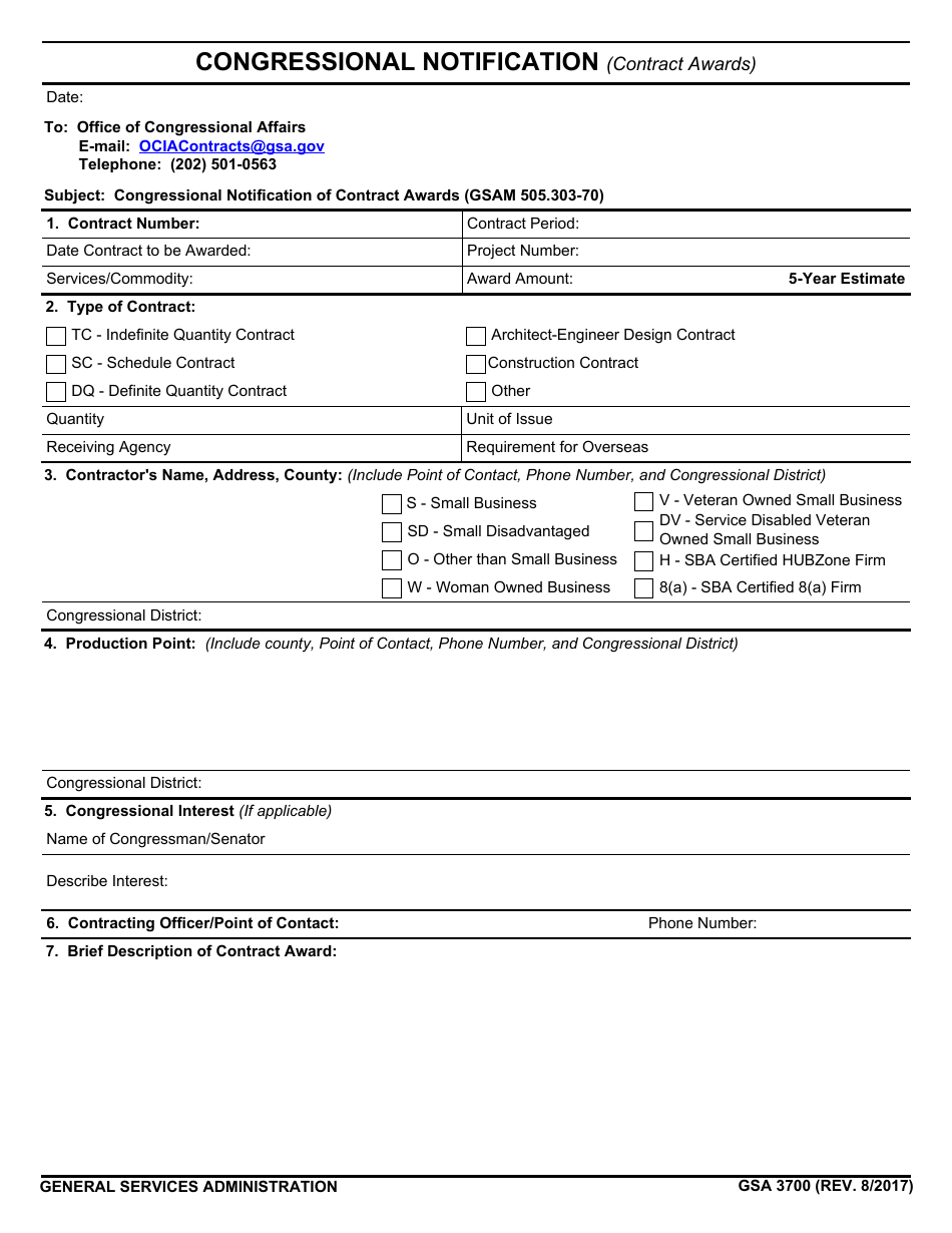 GSA Form 3700 Congressional Notification (Contract Awards), Page 1