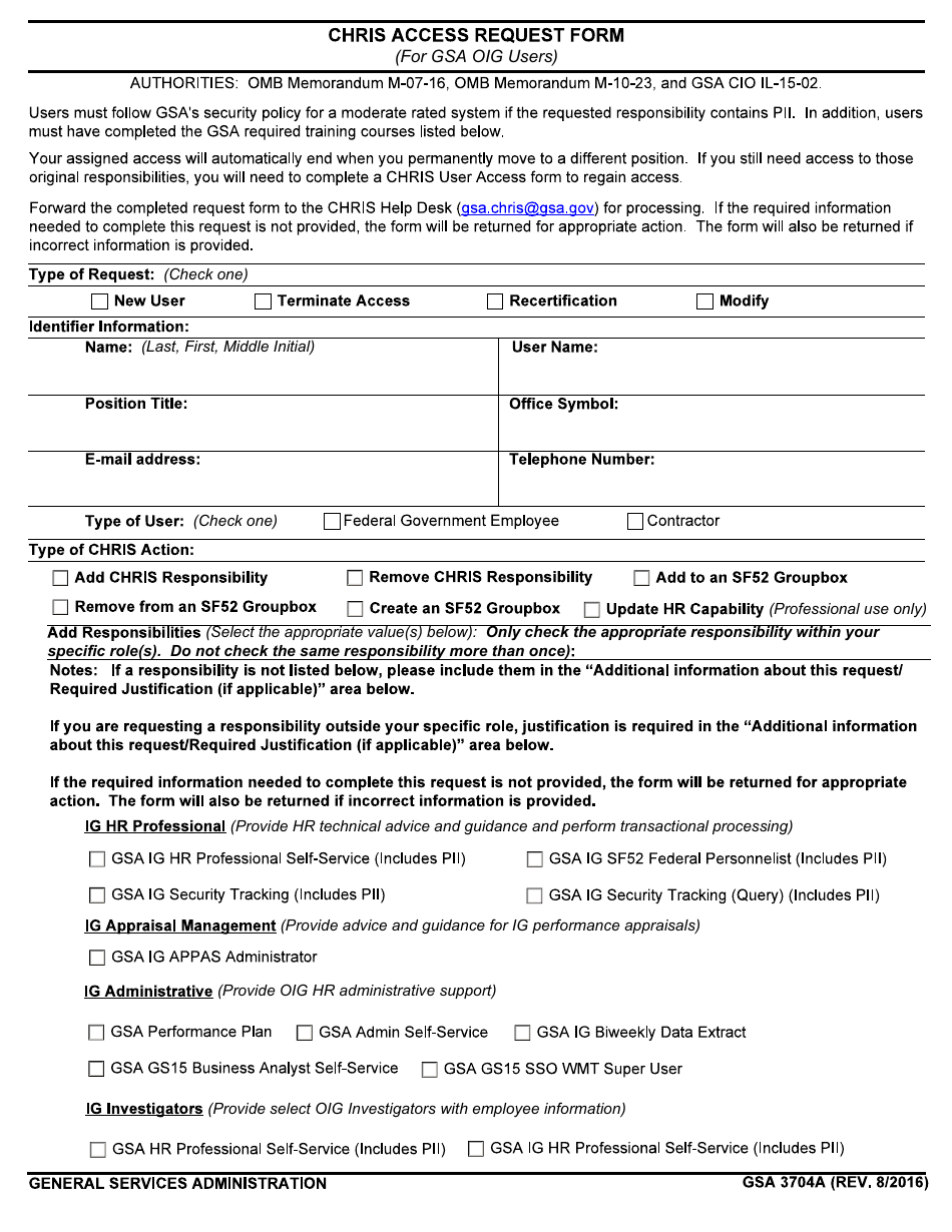 GSA Form 3704A Chris Access Request Form (For GSA Oig Users), Page 1