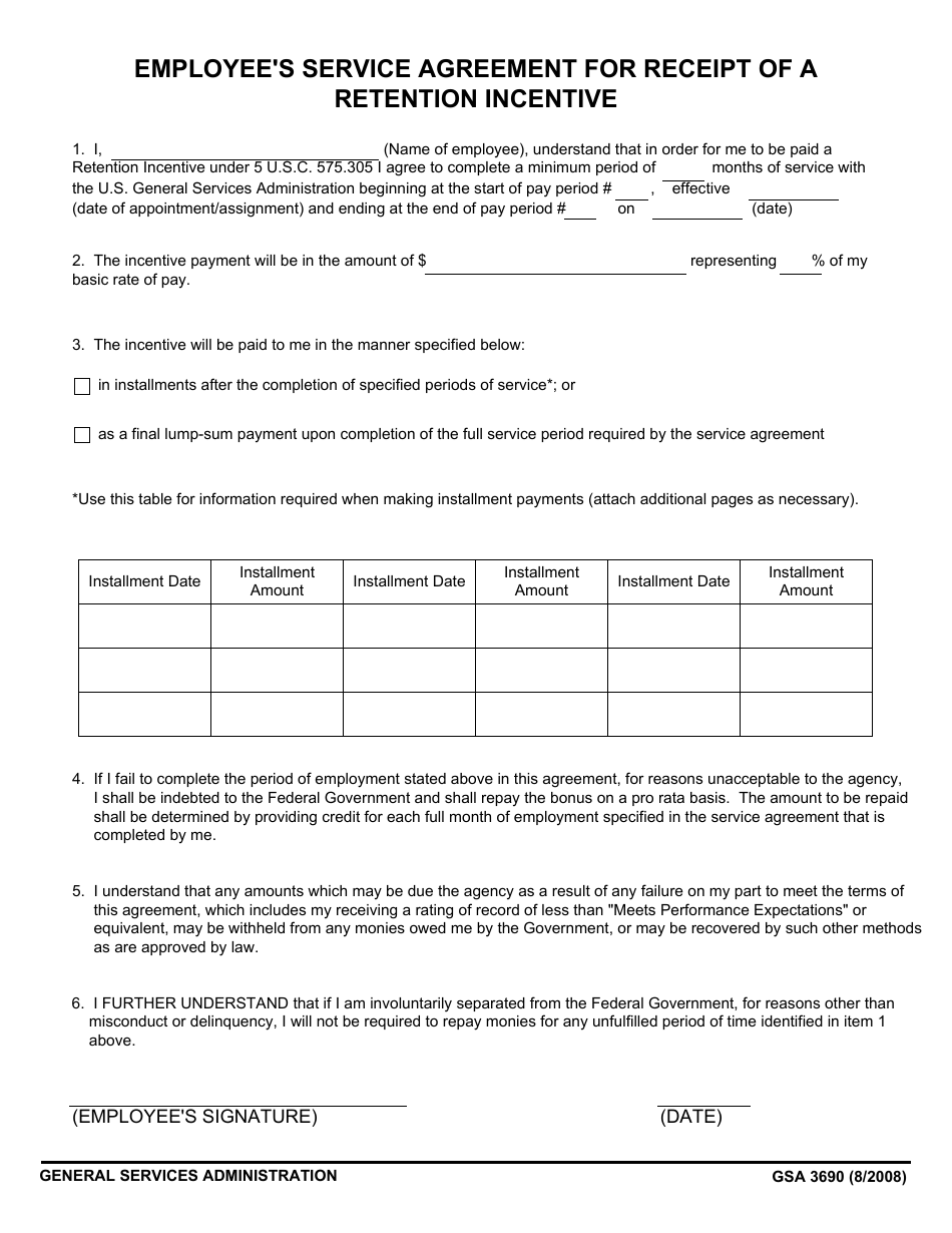 GSA Form 3690 Employees Service Agreement for Receipt of a Retention Incentive, Page 1