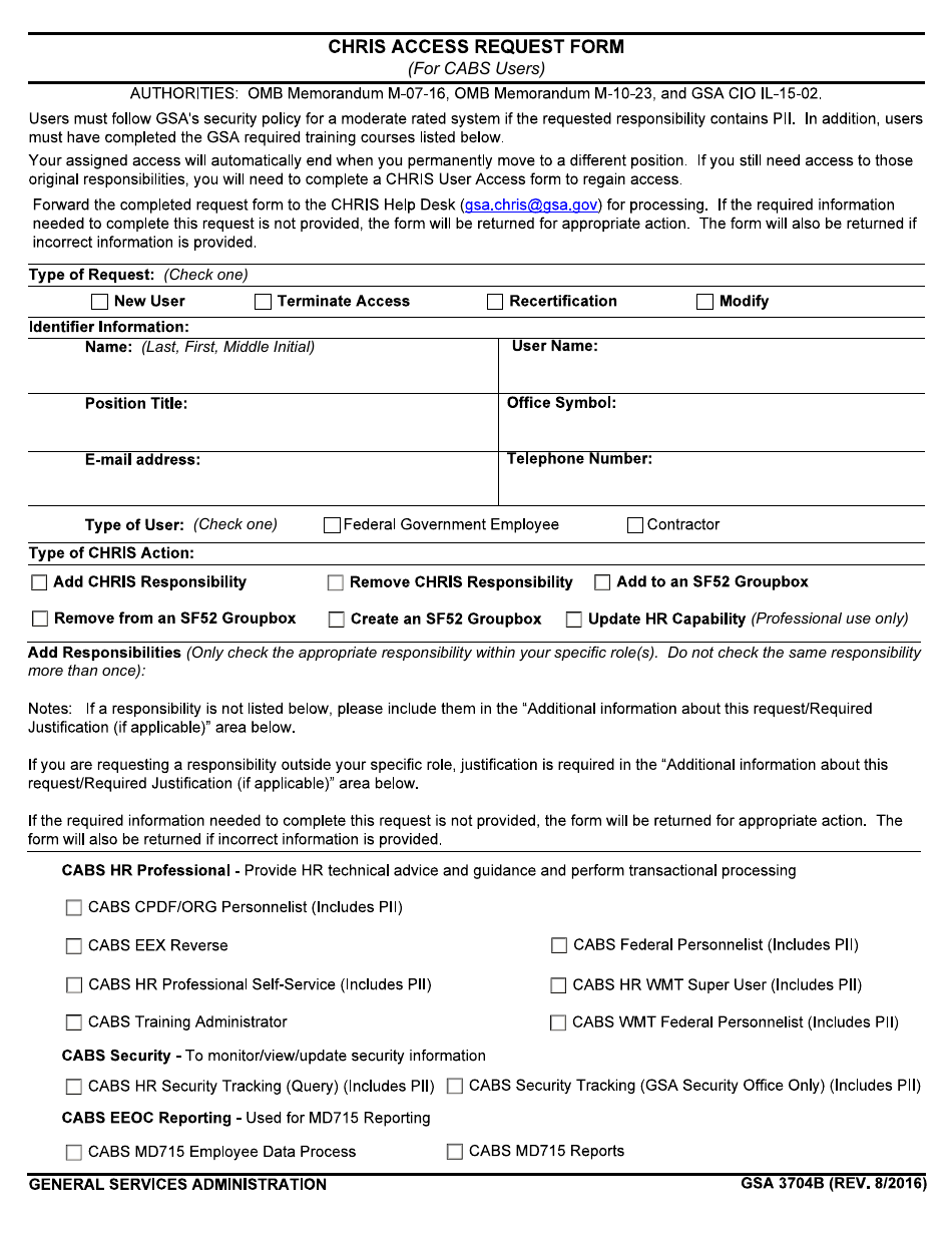 GSA Form 3704B Chris Access Request Form (For Cabs Users), Page 1