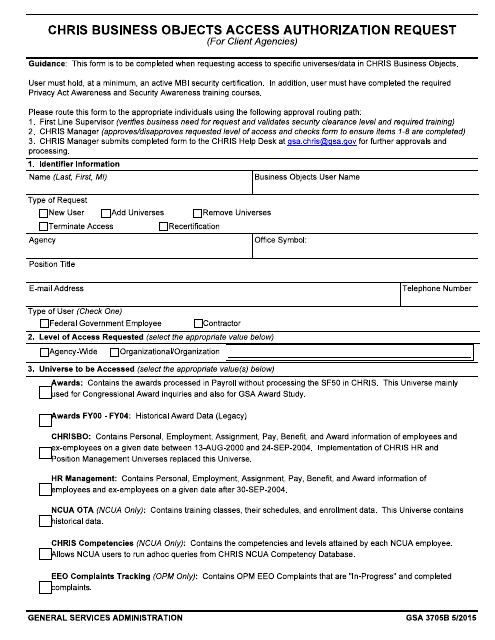 GSA Form 3705B Chris Business Objects Access Authorization Request (For Client Agencies)