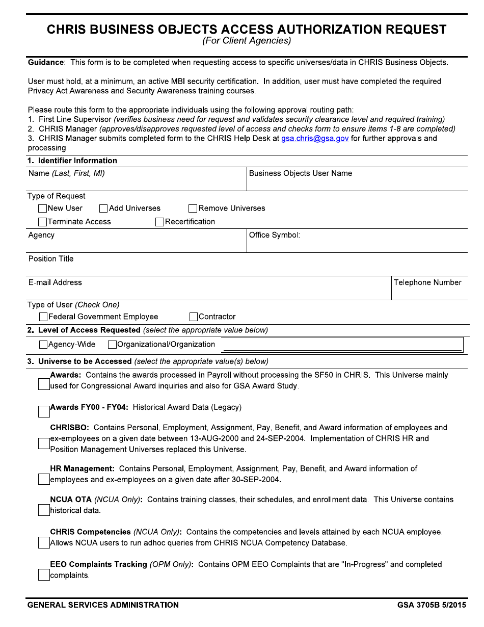 GSA Form 3705B Chris Business Objects Access Authorization Request (For Client Agencies), Page 1