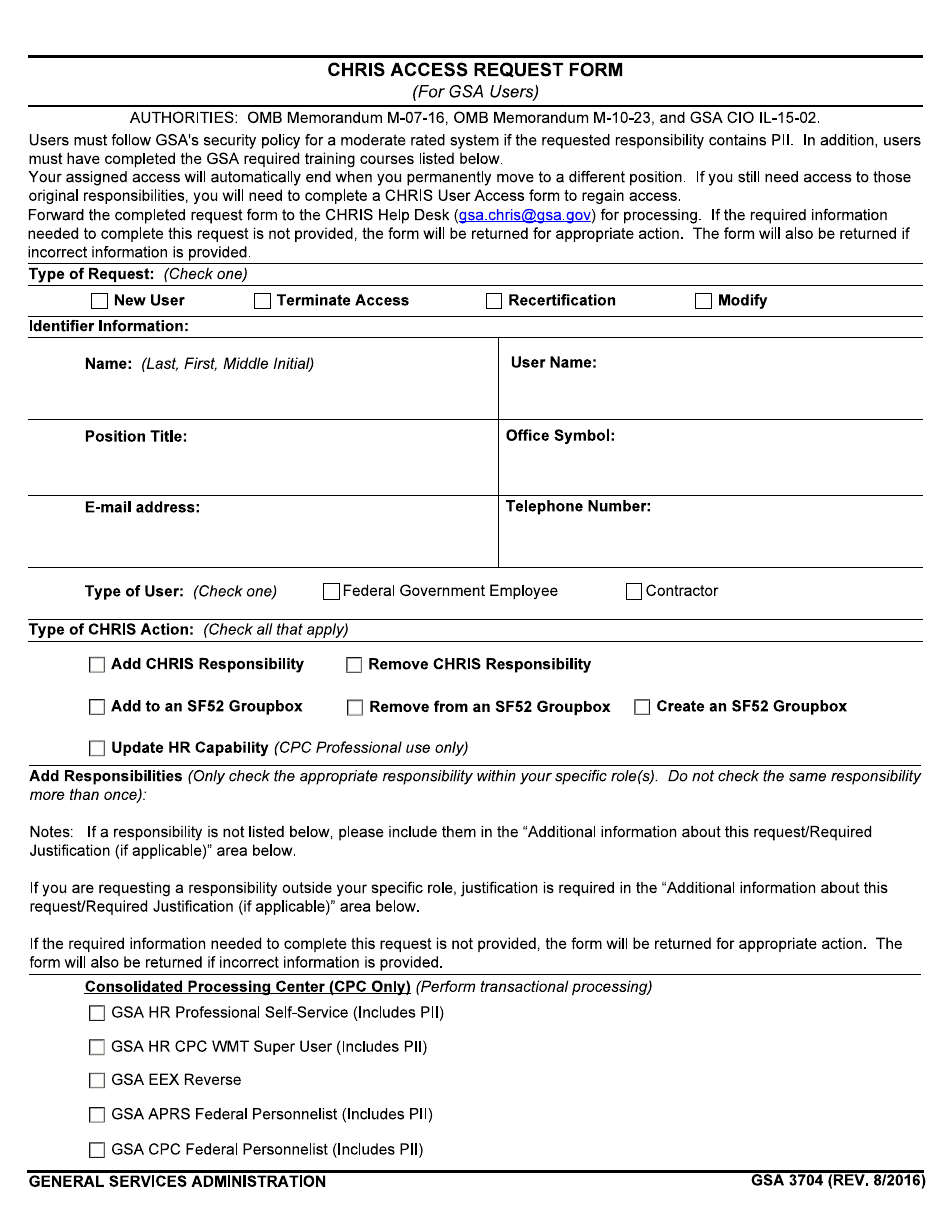 GSA Form 3704 Chris Access Request Form (For GSA Users), Page 1