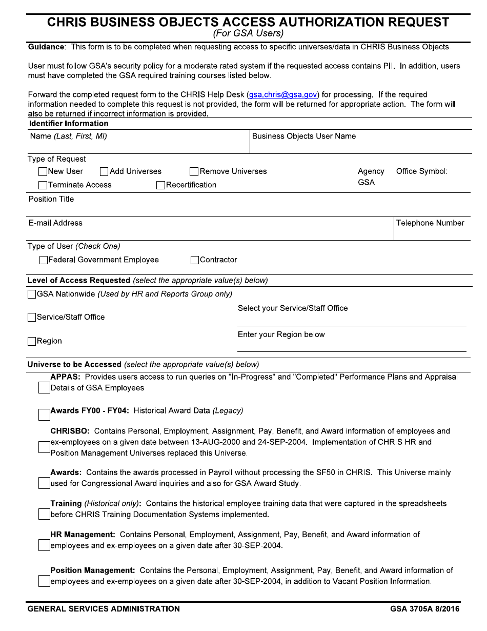 GSA Form 3705A Chris Business Objects Access Authorization Request (For GSA Users), Page 1