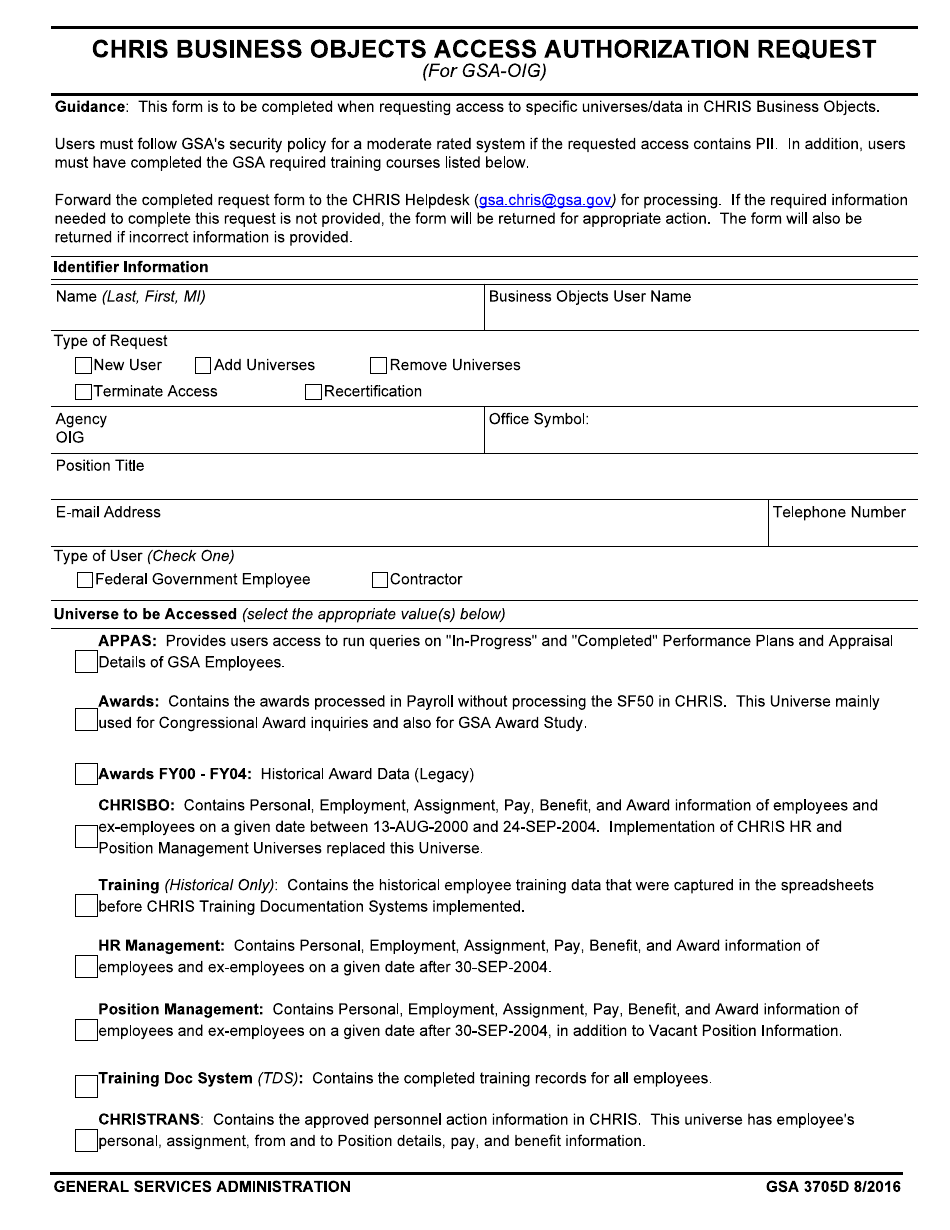 GSA Form 3705D Chris Business Objects Access Authorization Request (For GSA-Oig), Page 1