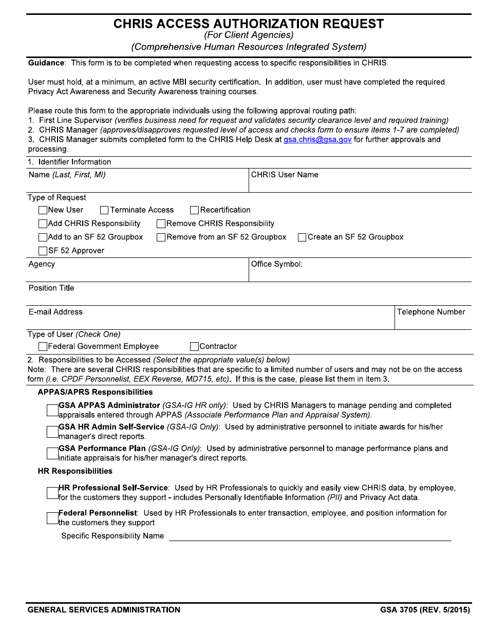 GSA Form 3705 Chris Access Authorization Request (For Client Agencies), Page 1