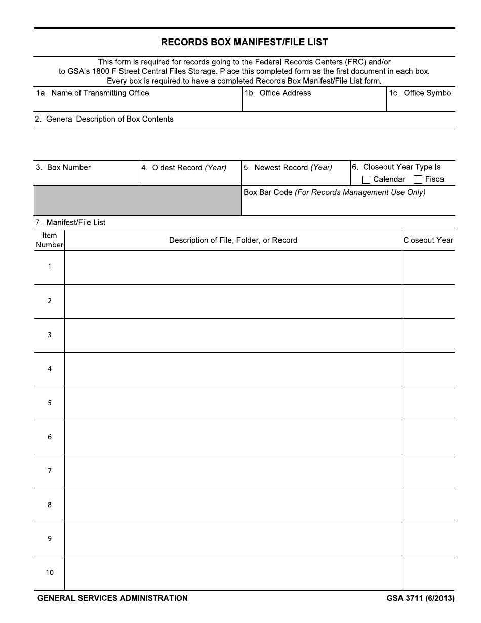 GSA Form 3711 Records Box Manifest / File List, Page 1