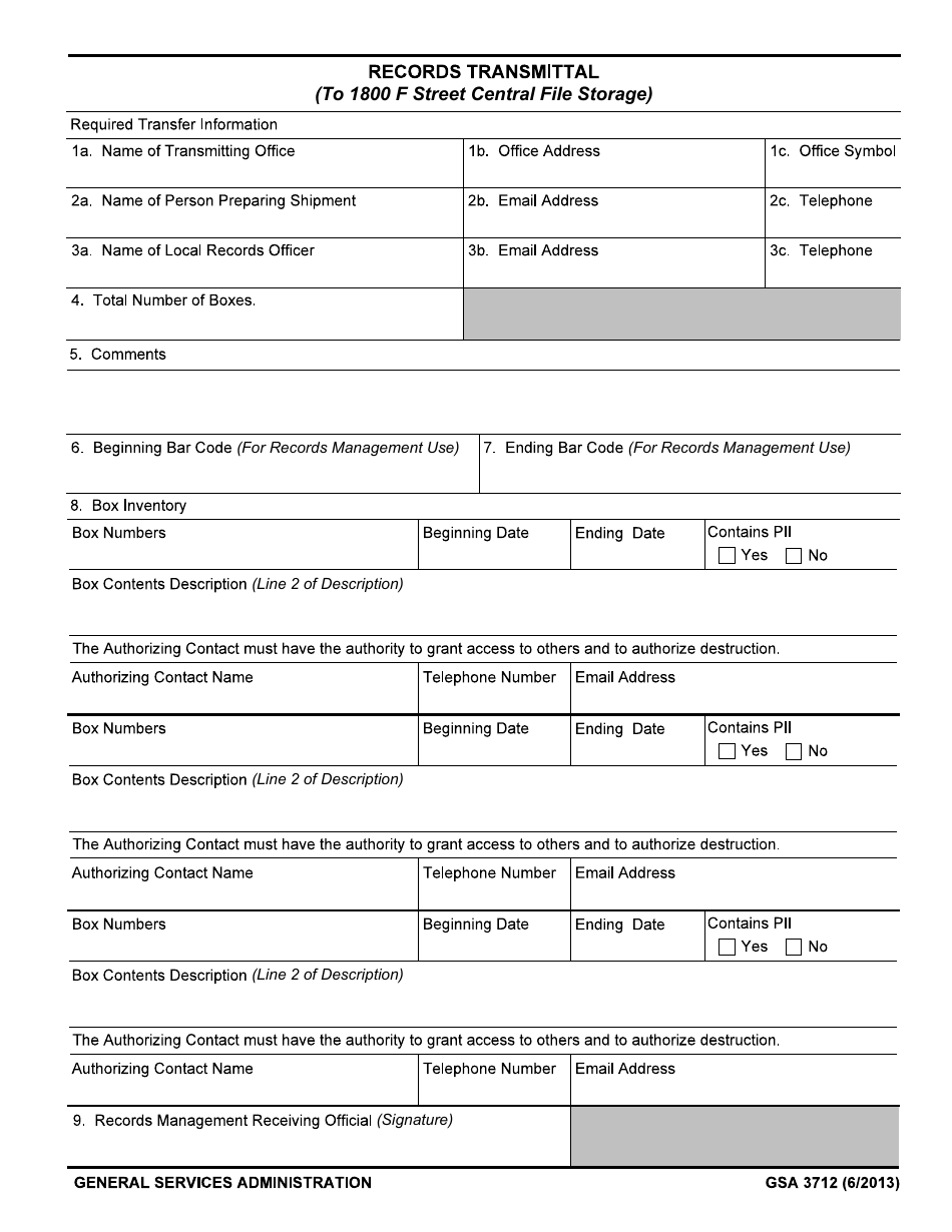 GSA Form 3712 Records Transmittal, Page 1