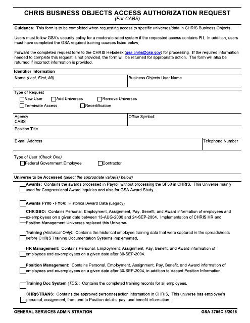 GSA Form 3705C Chris Business Objects Access Authorization Request (For Cabs)