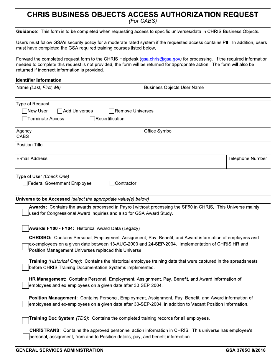 GSA Form 3705C Chris Business Objects Access Authorization Request (For Cabs), Page 1