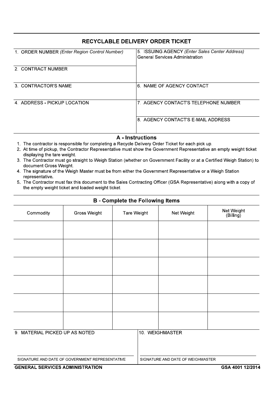 GSA Form 4001 Recyclable Delivery Order Ticket, Page 1