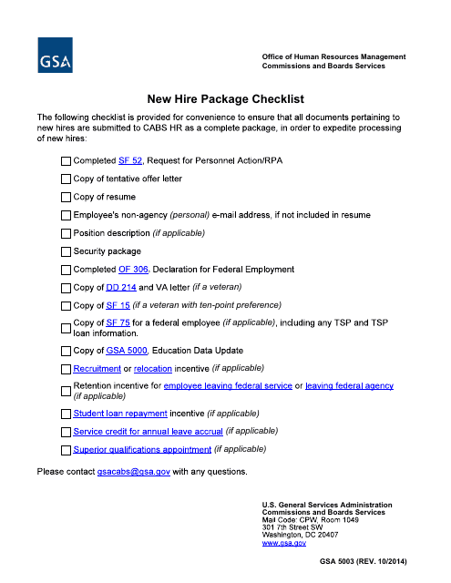 GSA Form 5003 New Hire Package Checklist