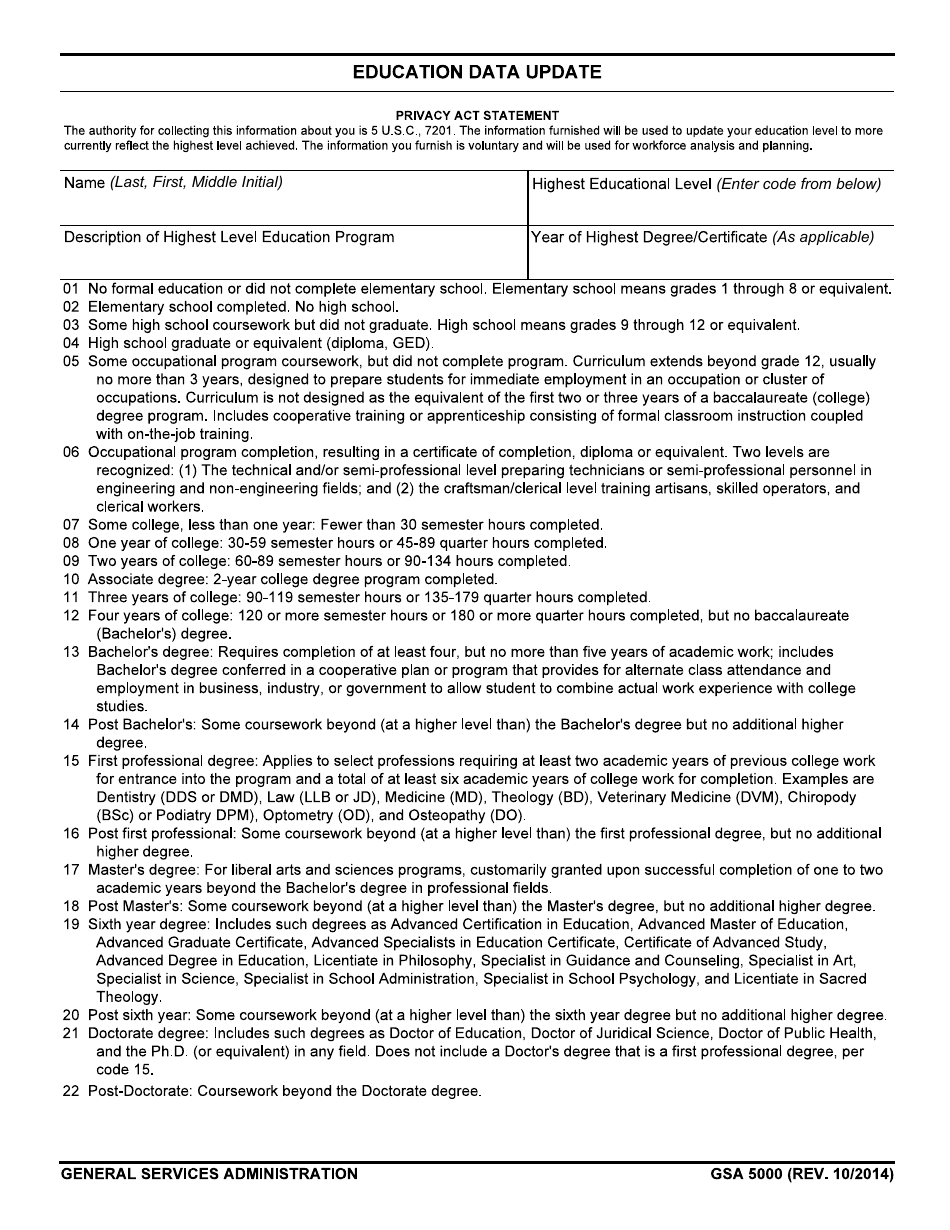 GSA Form 5000 Education Data Update, Page 1